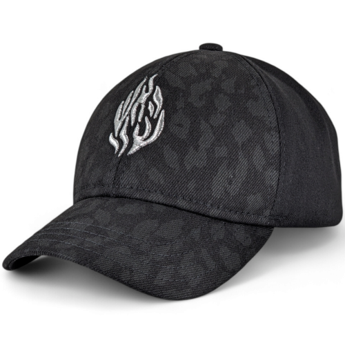 Men's black baseball cap with embroidered silver fire