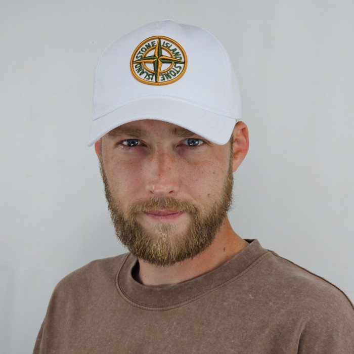 Кепка літня Stone Island бейсболка чоловіча біла з 3Д логотипом