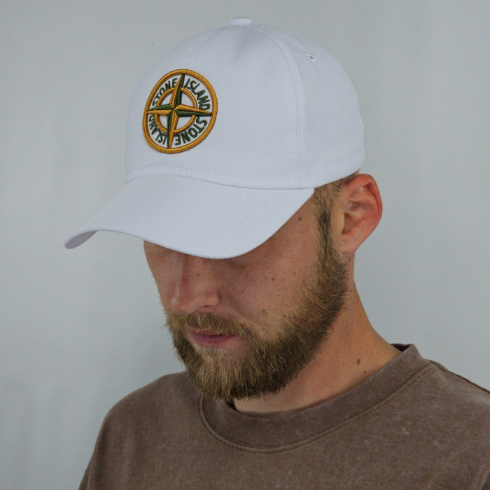 Кепка літня Stone Island бейсболка чоловіча біла з 3Д логотипом