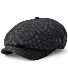 Men's woolen hooligan cap with a peak, dark gray, with a small check pattern