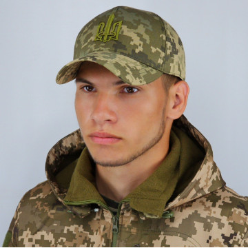 Кепка ЗСУ піксель з гербом, бейсболка тактична армійська військова камуфляжна, з ЗD тризубом