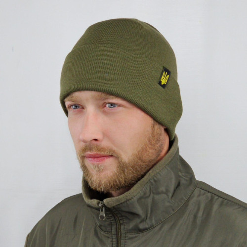 Knitted hat, double-layer olive khaki, tactical warm hat with coat of arms, autumn / winter, ZSU hat Knitted hat, double-layer olive khaki, tactical warm hat with coat of arms, autumn / winter, ZSU hat