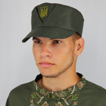 Кепка мазепинка олива ЗСУ з кокардою, кепка армійська австрійка, кепка ЗСУ олива / хакі